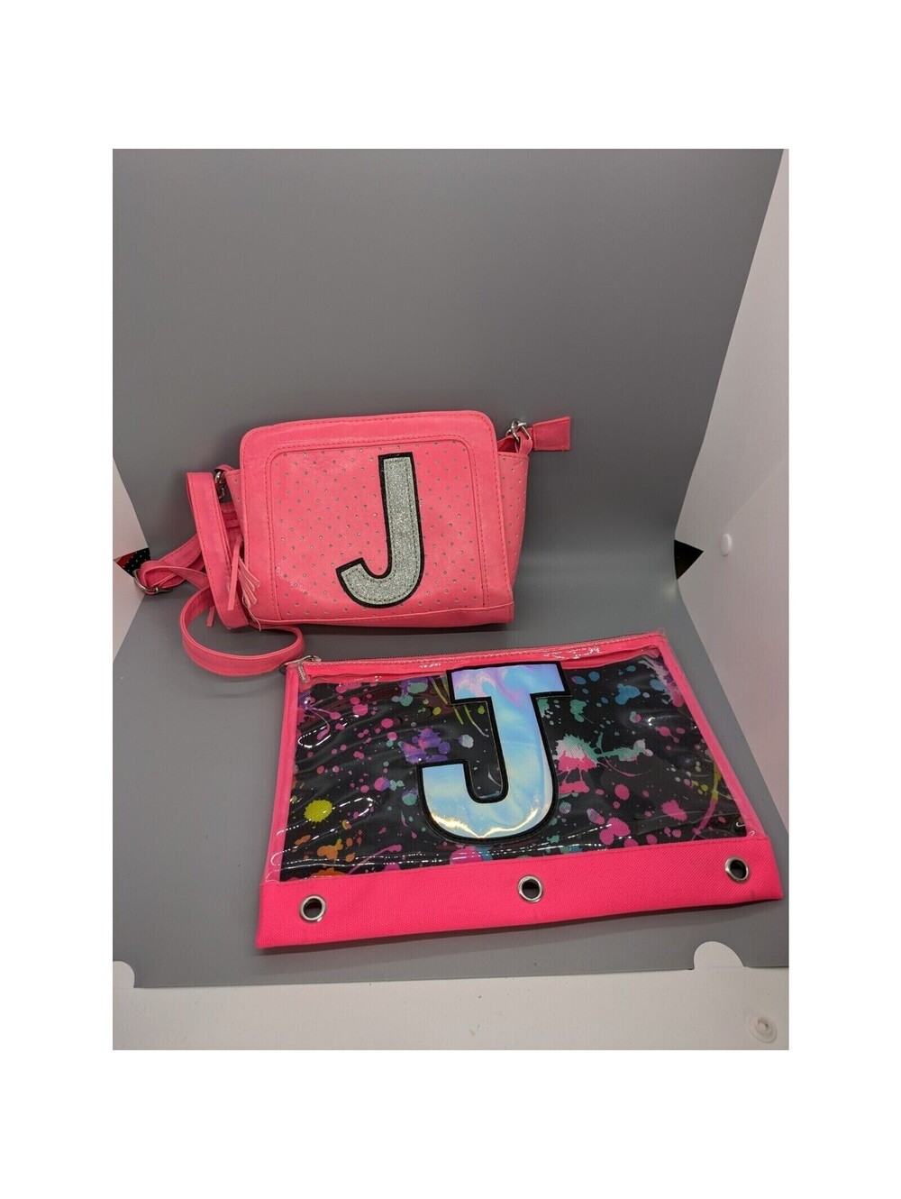 Justice Letter "J" Pink Purse And Pencil Case J Silver Neon Bright Girls Kids